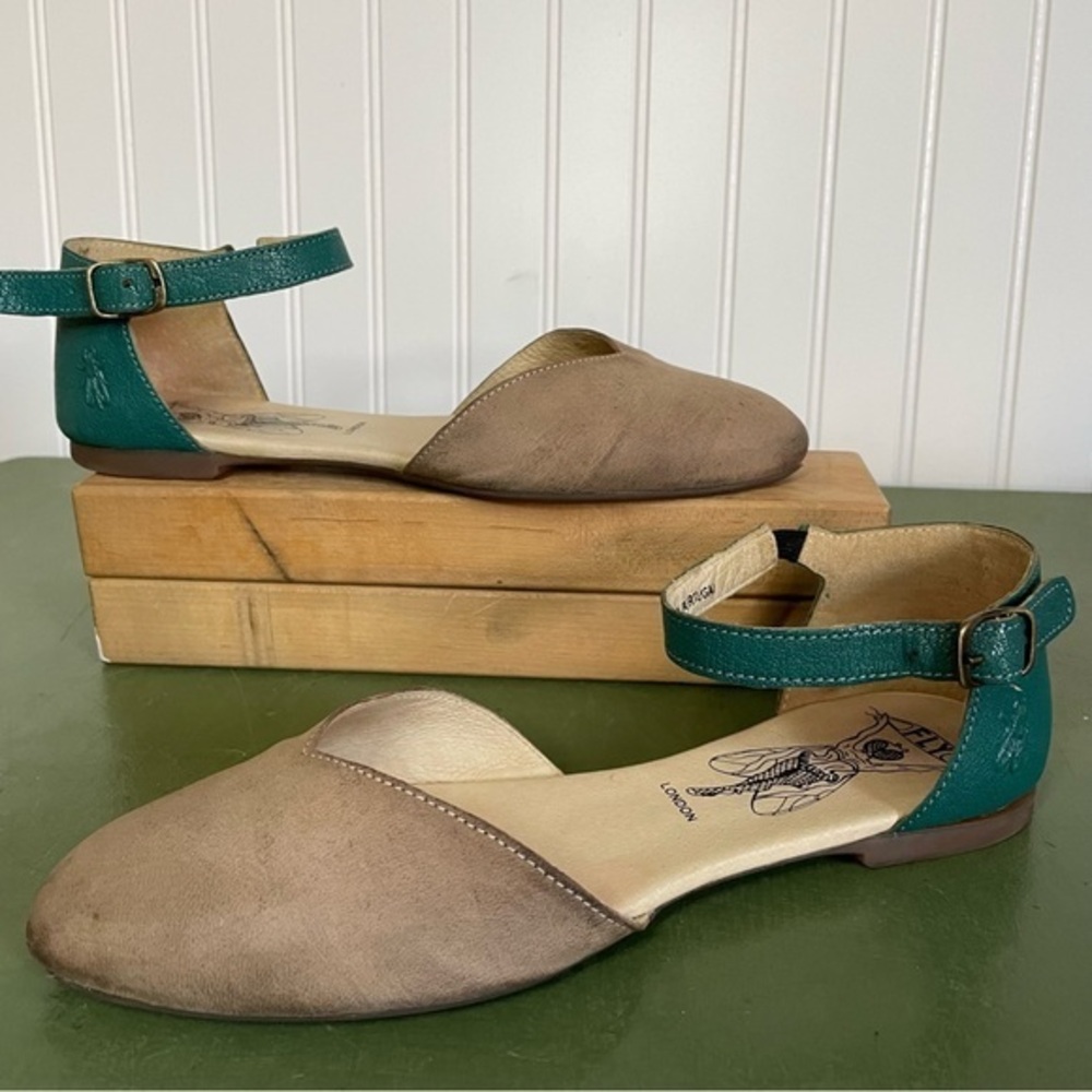 Fly London Closed Toe Sandals in Taupe Suede & Teal Leather